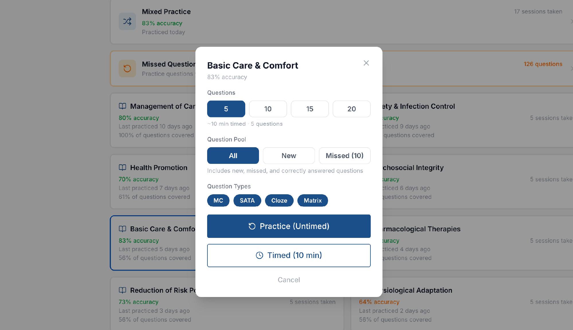 Customize every session — question count, type, and timing your way.